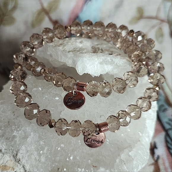 Erimish Pair of Faceted Crystal Stretch Bracelets Brown Purple Hue Copper Silver - Picture 7 of 7